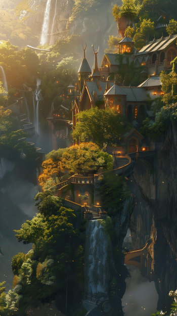 A stunning fan art depiction of Rivendell from The Lord of the Rings, showcasing lush landscapes, elegant architecture, and serene waterfalls, designed as a captivating phone wallpaper.