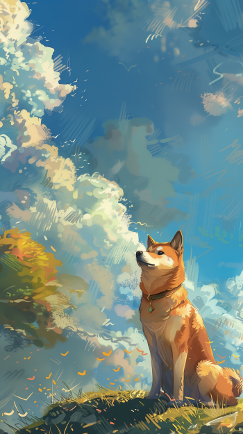 Artistic phone wallpaper featuring a Shiba Inu dog gazing at the sky amidst colorful clouds, tagged with doge and dog.