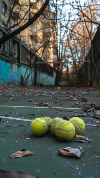 Wallpaper of abandoned tennis balls on a decrepit court covered with dry leaves, evoking a nostalgic and forgotten atmosphere.