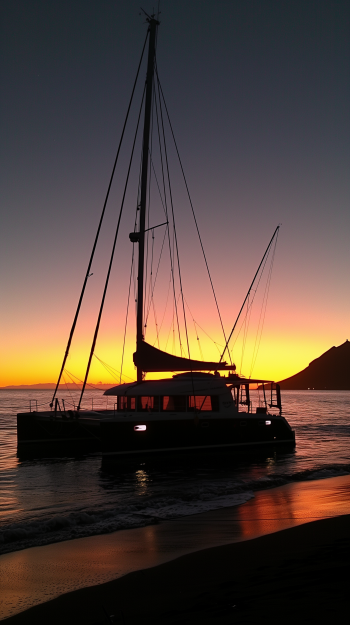 Catamaran silhouette on shoreline at sunset, ocean wallpaper for phone.