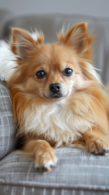 A charming Pomeranian rests comfortably on a gray sofa, making this image an inviting phone wallpaper that radiates warmth and playfulness.