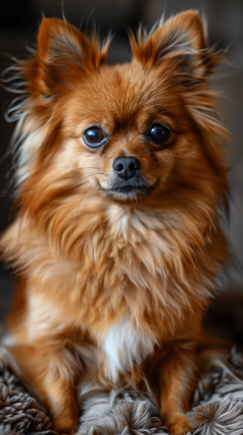 Adorable Pomeranian dog posing for a charming phone wallpaper with a soft, blurred background.