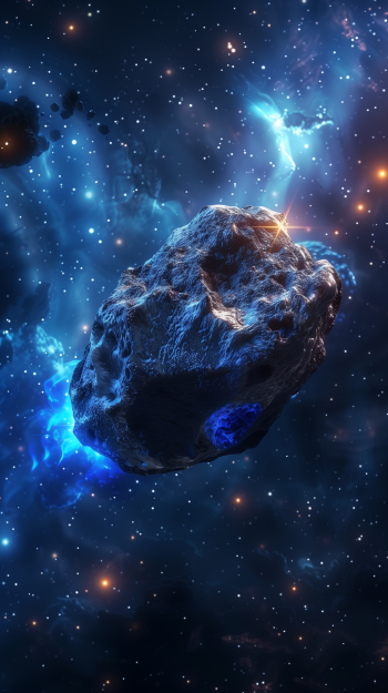 Stunning space-themed phone wallpaper featuring a detailed meteorite glowing against a starry deep blue cosmic background.