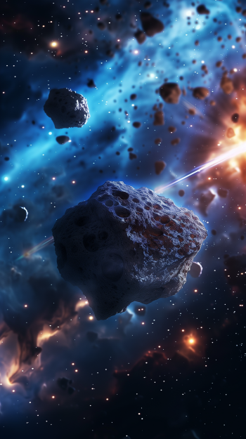 Stunning phone wallpaper depicting a meteorite with a blazing trail in outer space, surrounded by smaller asteroids and cosmic dust.