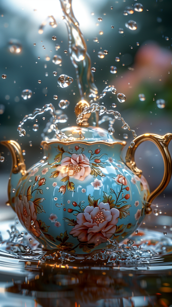 A beautifully designed teapot with floral patterns splashes water around it, creating an artistic and vibrant phone wallpaper.