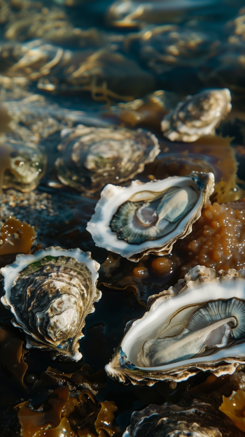 Close-up of oysters nestled in seaweed for a natural underwater themed phone wallpaper.