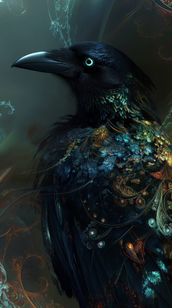 Artistic phone wallpaper featuring a detailed illustration of a black bird with vibrant blue and gold accents on a dark background.