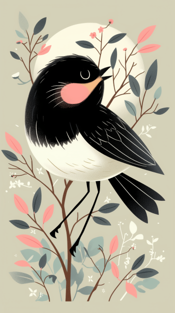 Stylized black bird illustration with pastel foliage for phone wallpaper.
