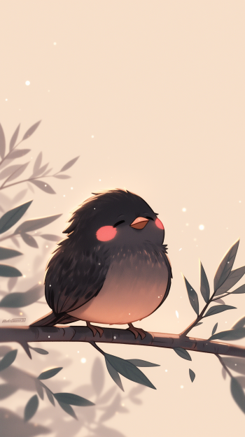 Cute black bird cartoon phone wallpaper with soft brown background.