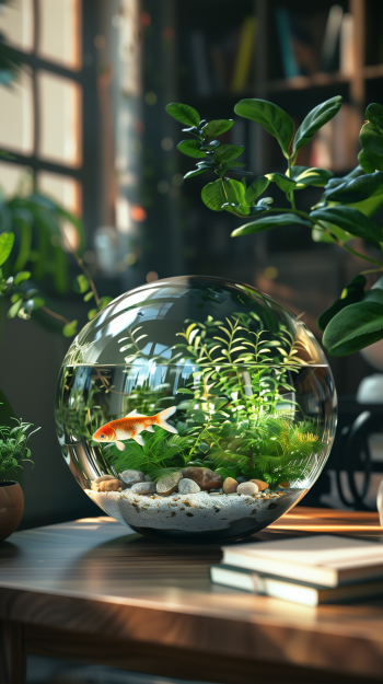 Tranquil fish bowl wallpaper featuring a goldfish in a spherical aquarium surrounded by lush greenery on a wooden desk.