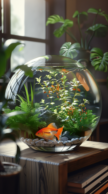 A serene fish bowl wallpaper featuring a vibrant goldfish amidst lush plants and smooth stones, set in a cozy indoor environment with natural light.