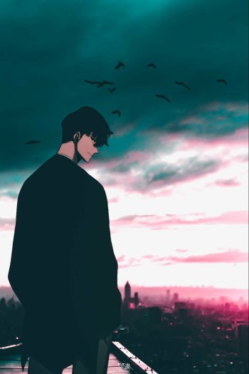 Anime character Sung Jin-Woo from Solo Leveling standing against sunset sky for phone wallpaper.