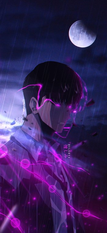 A dramatic phone wallpaper featuring Sung Jin-Woo from the anime Solo Leveling, shrouded in dark tones and illuminated by vibrant pink energy beneath a glowing moon.