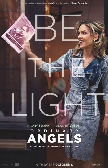 Phone wallpaper featuring the movie poster of 'Ordinary Angels' with a woman smiling and holding up a light pink flyer, movie title in bold letters.