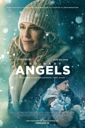 Ordinary Angels movie poster featuring smiling woman in winter attire as a phone wallpaper.