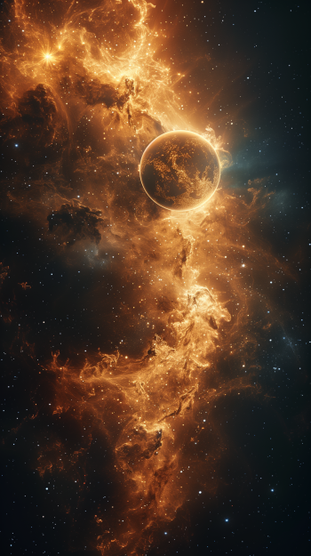 Stunning phone wallpaper featuring an artistic representation of the planet Venus with a fiery nebula background.