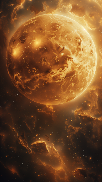 Venus planet illustration phone wallpaper with a fiery celestial theme.