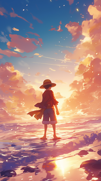 One Piece anime wallpaper featuring Monkey D. Luffy with a straw hat standing on a beach at sunset.