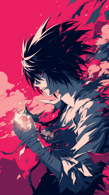 Anime character L from Death Note with a dynamic pink and blue backdrop for phone wallpaper.