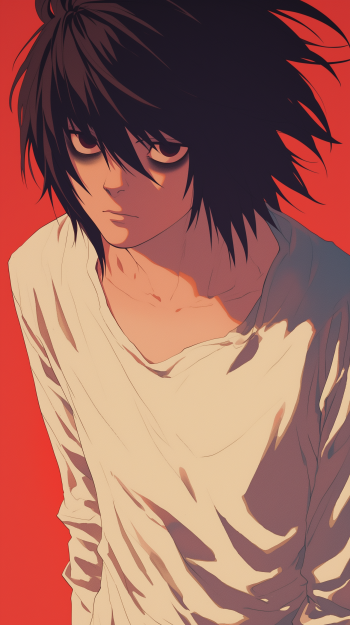 Anime character L from Death Note on a red background phone wallpaper.