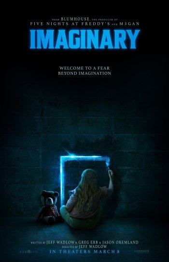 Official phone wallpaper for the 2024 movie Imaginary showcasing a mysterious figure sitting in front of a glowing rectangular portal, with the tagline Welcome to a fear beyond imagination.