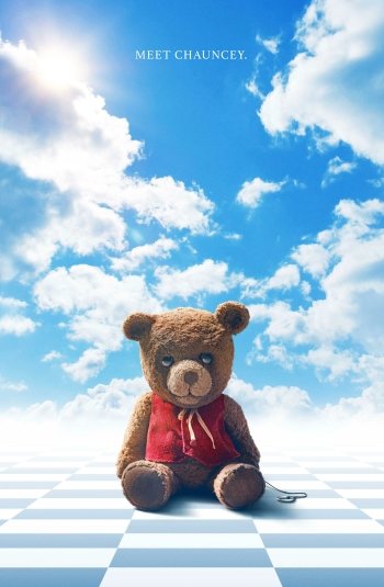 Imaginary (2024) movie-themed phone wallpaper featuring the character Chauncey, a teddy bear sitting on a checkerboard floor against a cloudy blue sky background.