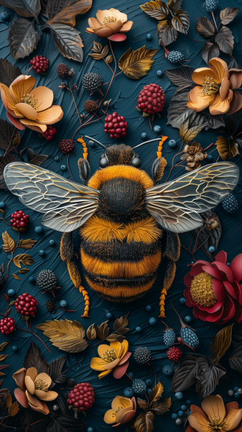 Bumblebee surrounded by flowers and berries on a dark blue background, designed for phone wallpaper.