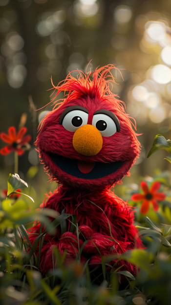 Bright and cheerful Elmo from Sesame Street smiles amidst vibrant flowers, creating a delightful phone wallpaper that adds a touch of whimsy to your device.