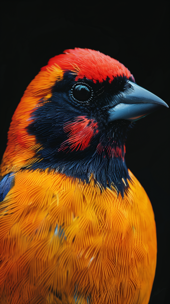 Colorful finch bird phone wallpaper with a vibrant red and yellow plumage on a black background.