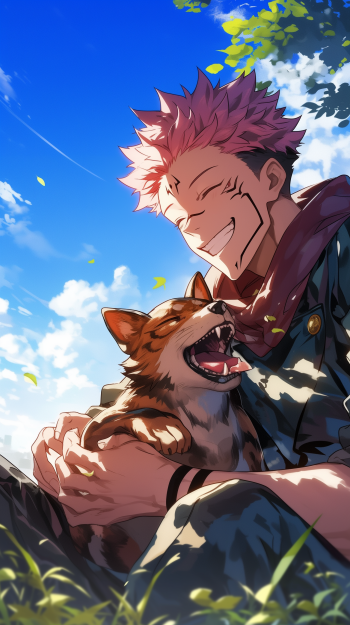 Animated phone wallpaper featuring a joyous Sukuna from Jujutsu Kaisen bonding with a dog in a sunny, grassy field.