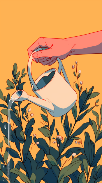 Illustration of a hand watering green plants with a watering can, set against a warm yellow background, designed for phone wallpaper.
