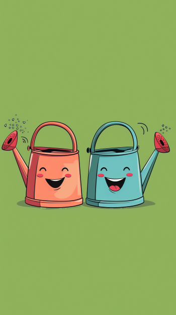 Cute animated watering cans on green background phone wallpaper.