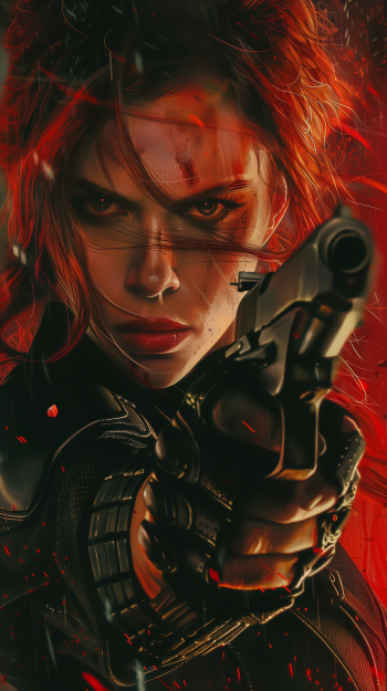 Intense fan art of a female superhero with a gun, in fiery red tones, ideal for phone wallpaper.