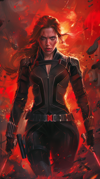 Fan art phone wallpaper featuring a dynamic illustration of Black Widow in a heroic stance, set against a vivid red backdrop.