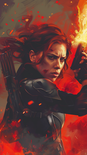 Dynamic Black Widow fan art suitable as a phone wallpaper, featuring the character in action with a fiery background.