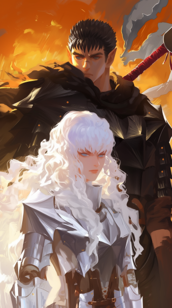 Anime phone wallpaper featuring Guts and Griffith from Berserk against a fiery sunset backdrop.