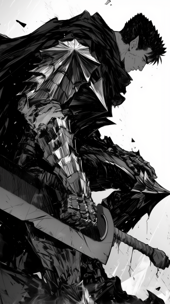 Monochromatic anime phone wallpaper featuring Guts from Berserk wielding his massive sword, set against a dynamic, fragmented background.