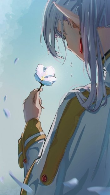 Anime character Frieren from Frieren: Beyond Journey's End holding a blue flower, with a serene expression, in a vertical phone wallpaper format.