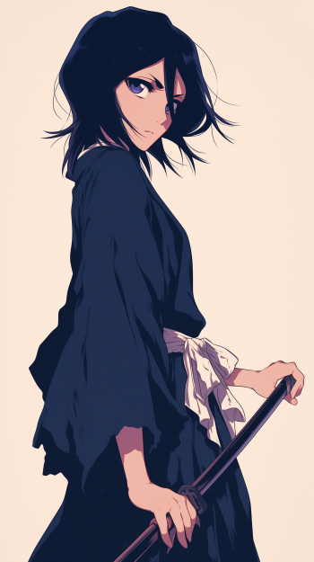 Rukia Kuchiki from Bleach anime wallpaper for phones featuring the character in her iconic black Shinigami robe with a sword.
