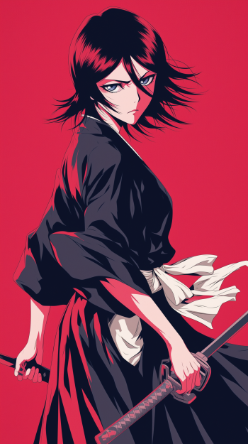 Anime phone wallpaper featuring Rukia Kuchiki from Bleach with a bold red background, poised with her sword.