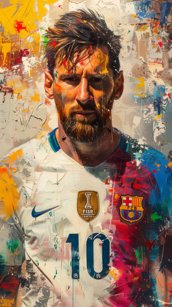 Artistic phone wallpaper featuring a stylized portrait of a soccer player with number 10 on the jersey, set against a vibrant, colorful abstract background.