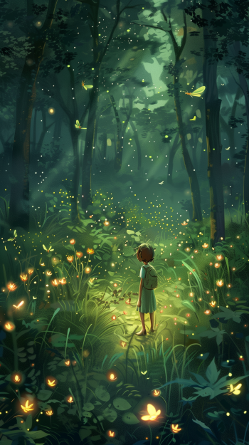 Enchanting firefly forest phone wallpaper featuring a serene night scene with a child amidst glowing fireflies.