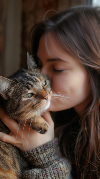 Woman affectionately kissing a tabby cat, ideal for cat-themed phone wallpaper.