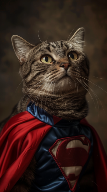 Superhero-themed cat wallpaper with a majestic cat dressed in a Superman costume looking upwards.