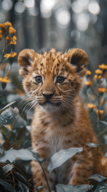 A close-up of a playful cub surrounded by lush greenery and bright flowers, creating a charming phone wallpaper that captures nature's beauty.