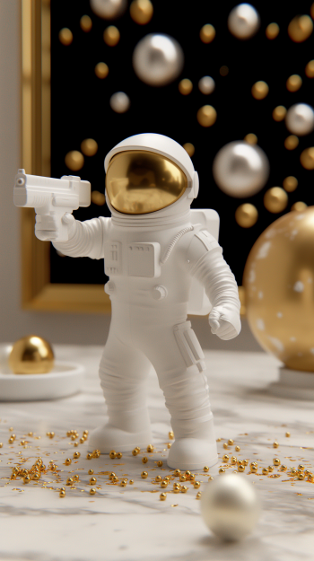 Spaceman figurine wielding a blaster as a smartphone wallpaper, set against a festive background with golden accents.