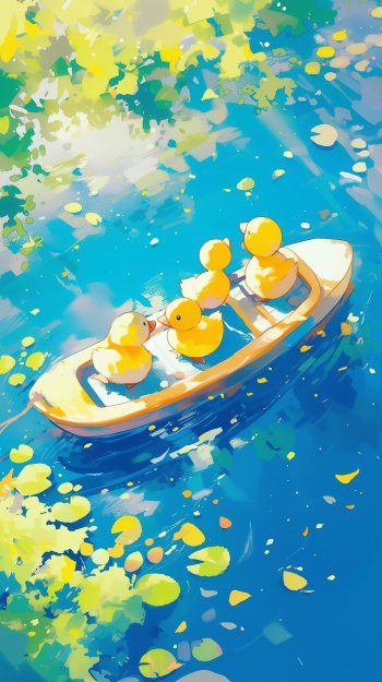 An enchanting phone wallpaper featuring cheerful ducklings in a small boat, surrounded by vibrant blue water and sprinkled with colorful leaves.