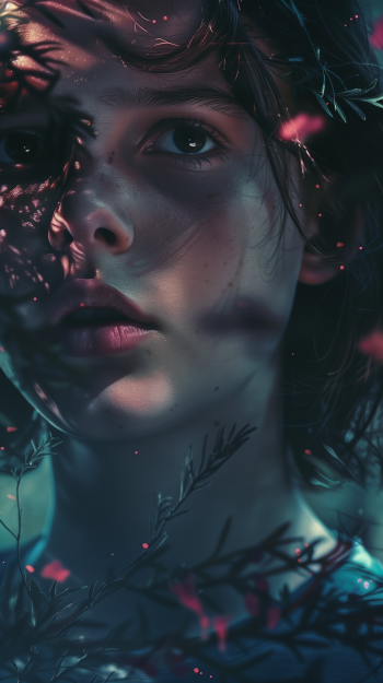 Intriguing Stranger Things fan art phone wallpaper featuring a close-up of a mysterious character surrounded by dark, glowing foliage.