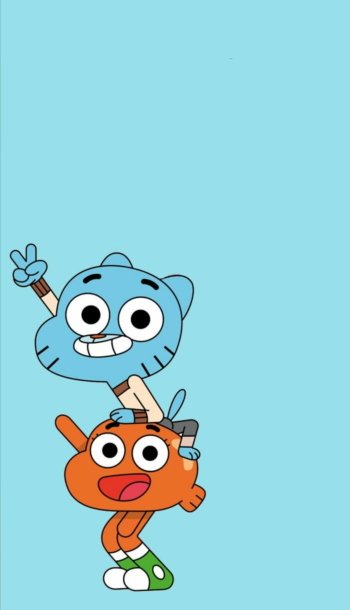 Phone wallpaper featuring Gumball and Darwin from The Amazing World of Gumball animated TV show, posing against a light blue background.
