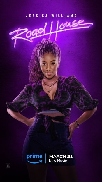 Promotional phone wallpaper featuring Jessica Williams for the 2024 movie Road House with a vibrant purple background and release date details.